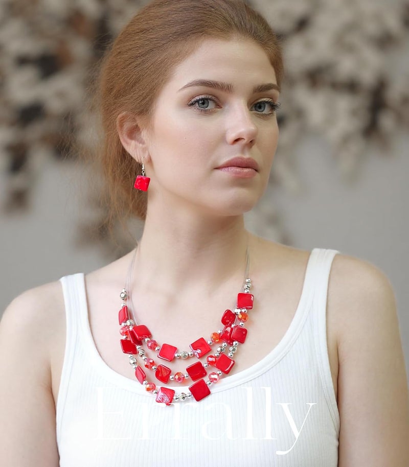 Errally Store Layered Beaded Statement Necklaces for Women Square Shell Bead Collar Necklace and Earring Set Birthday Gifts Boho Jewelry Sets for Women - Image 3
